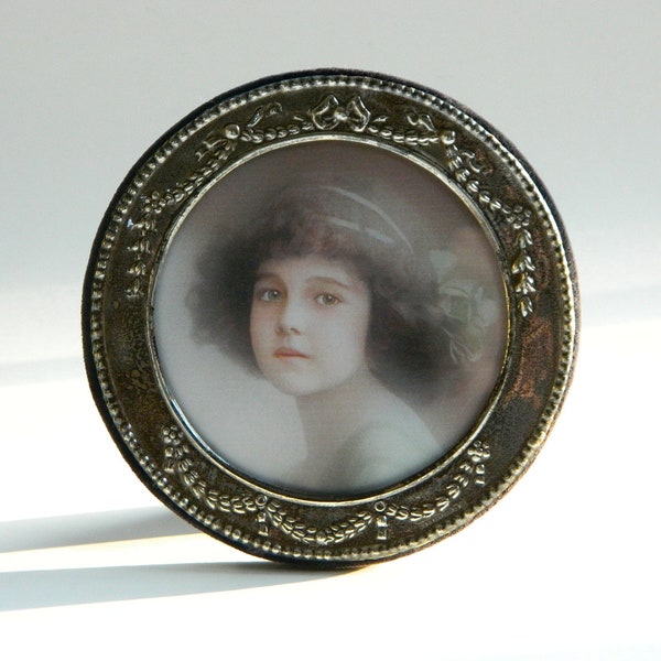 Reserved- revised listing: Round English sterling silver picture frame, Edwardian style hallmarked, easel back, c 1980