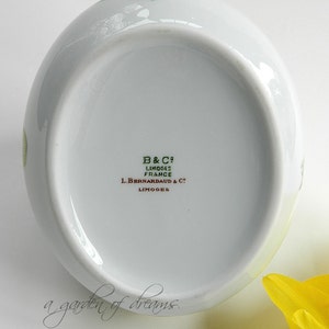 May include: White porcelain bowl with a green and brown floral design. The bottom of the bowl has the text "B&C* Limoges France L. Bernardaud & C* Limoges".