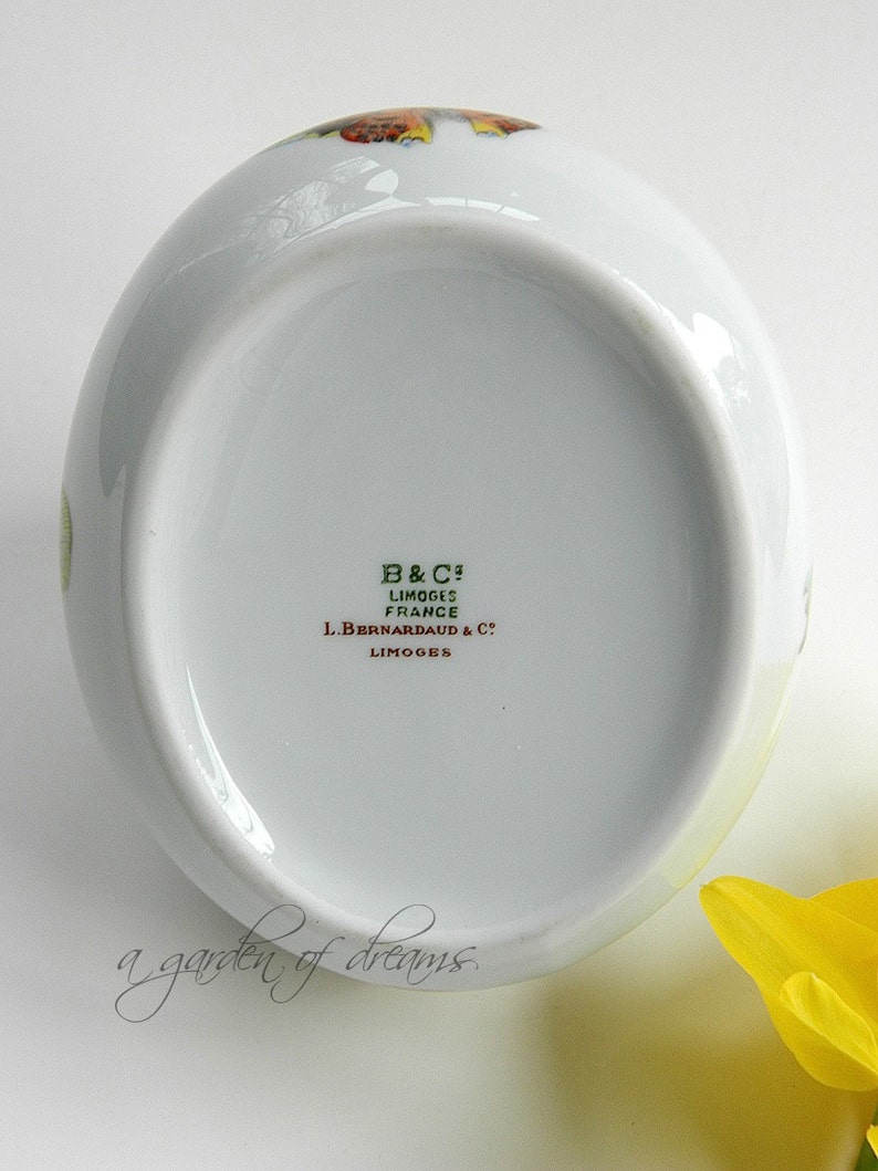 May include: White porcelain bowl with a green and brown floral design. The bottom of the bowl has the text "B&C* Limoges France L. Bernardaud & C* Limoges".