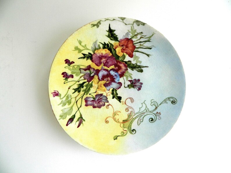 Antique hand painted plate pansy and scroll art nouveau Edwardian viola floral serving cake flowers and leaves ombre glaze dated Dec 1903 image 1