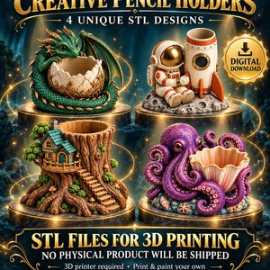 Paquete de archivos STL para portalápices, 4 modelos de organizadores de escritorio: dragón, astronauta, casa del árbol y pulpo. Descarga digital para impresión 3D.
