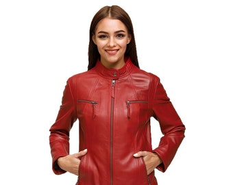 Frauen Lederjacke Frauen Biker Jacke Geschenk für sie Rote Lederjacke 100% echtes Lammleder Frauen Motorrad Lederjacke von LAMMBERG