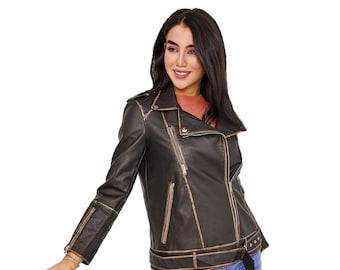 Braune Distressed Lederjacke Handgefertigte Frauen Bikerjacke Geschenk für Sie Echtes Lammfell Frauen Motorradlederjacke LAMMBERG