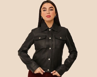 Frauen Leder Trucker Jacke Handgefertigte Schwarz Echte Lammfell Lederjacke Geschenk für Sie Echtleder Shirt Style Jacke von LAMMBERG