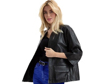 Y2k Leather Jacket Handmade 90s Oversize Leather Jacket Retro Casual Oversized Black Leather Jacket for Women Boxy Leather Jacket