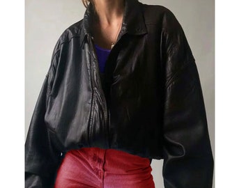 Oversized Leather Jacket Handmade 90s Women Jacket Retro Vintage Style Genuine Leather Oversized Black Leather Jacket Boxy Leather Jacket