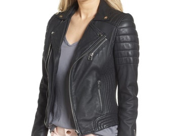 Women's Leather Jacket, Women Biker Jacket Gift For Her Black Leather Jacket 100% Genuine Lambskin Women Motorcycle Leather Jacket LAMMBERG
