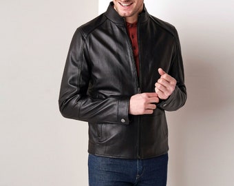 LAMMBERG Hand Made Mens Real Sheep Leather Jacket Black Genuine Leather Jacket For Men