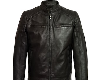 Mens Real Sheep Leather Bomber Jacket Black Genuine Leather Jacket For Men