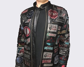 Lederjacke Herren Cafe Racer Jacke Handmade Punk Stickerei Patches Distressed Lederjacke Vintage Schwarze Lederjacke Bikerjacke