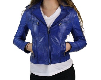 Frauen Lederjacke Blau Echte Lammfell Biker Jacken - 100% Echt Schaf Leder Motorradjacke Für Frauen LAMMBERG