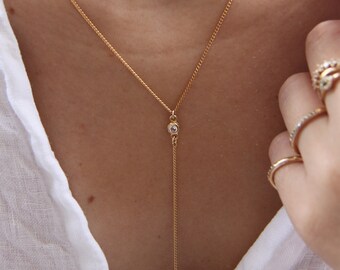 Gold Y Necklace, Gold Lariat Necklace, Gold Necklace, Layered Necklace, CZ Necklace, Dainty Gold Necklace, Gold Long Necklace, Gift For Her.