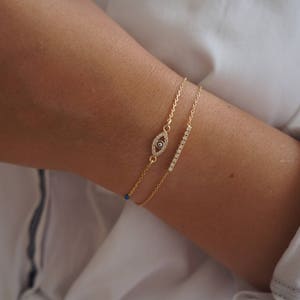 Evil Eye Bracelet, Dainty Gold Bracelet, Layered Bracelet, Good Luck Charm Bracelet, Everyday Gold Filled Jewelry.