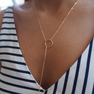 Y Circle Necklace, Lariat Necklace, Gold Lariat Necklace, Drop Circle Necklace, Gold Filled or Sterling Silver Necklace, Eternity Jewelry.