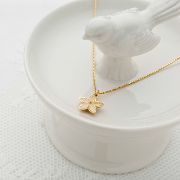 Dainty Gold Flower Necklace Bridesmaids Necklace Flower Enamel Pendant Everyday Necklace Blush Wedding Gold Filled Jewelry.