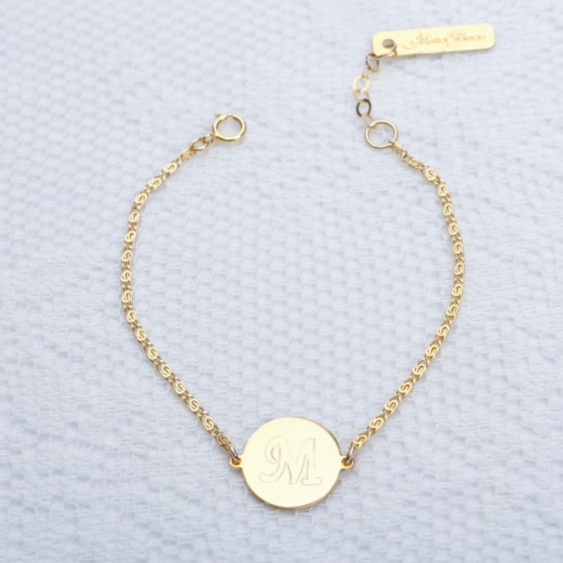 Gold Initial Bracelet Personalized Tiny Charm Disc Bracelet Etsy