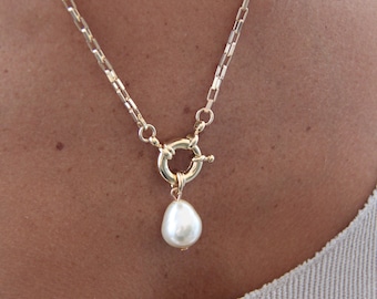 Gran collar de perlas barrocas, collar de perlas de oro, colgante de perlas barrocas, collar en capas de oro, collar de perlas de plata esterlina, joyería de perlas