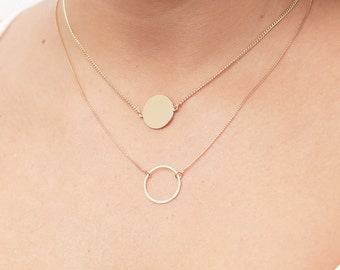 Gold Layering Necklaces with Circle And Disk Dainty Layered Necklaces Initial Disk Karma Necklace gold filled jewelry.