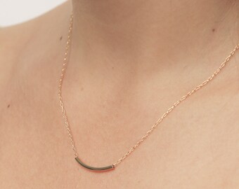 Gold curved bar necklace delicate gold tube necklace dainty layered gold filled jewelry.