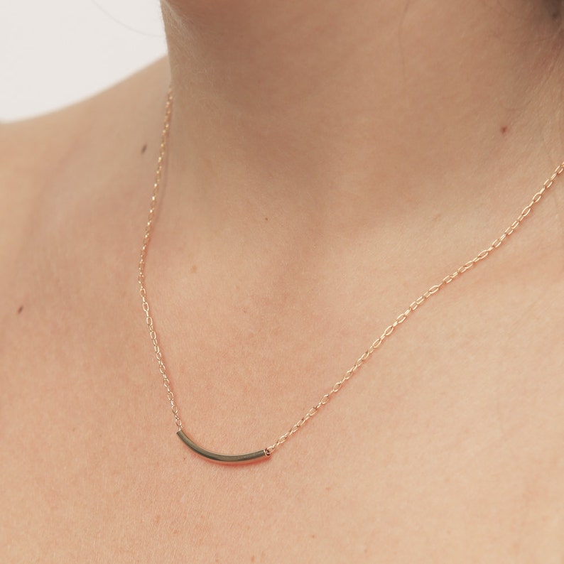 Gold curved bar necklace delicate gold tube necklace dainty layered gold filled jewelry. image 1