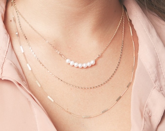 Gold layered necklace set Pearl Bar And Dainty Chain Necklaces Delicate Bead Layering gold filled necklace blush wedding jewelry.
