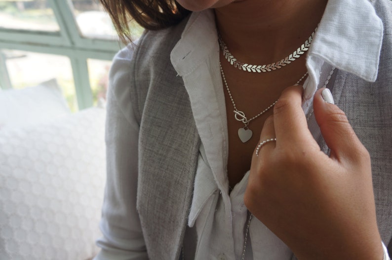 Silver Necklace Dainty Geometric Necklace Fishbone Necklace everyday necklace delicate silver plated jewelry. image 2