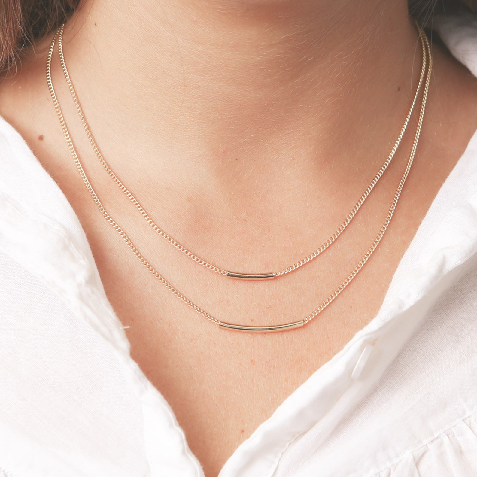 Gold Curved Bar Necklaces Set of Two Layered Everyday Etsy