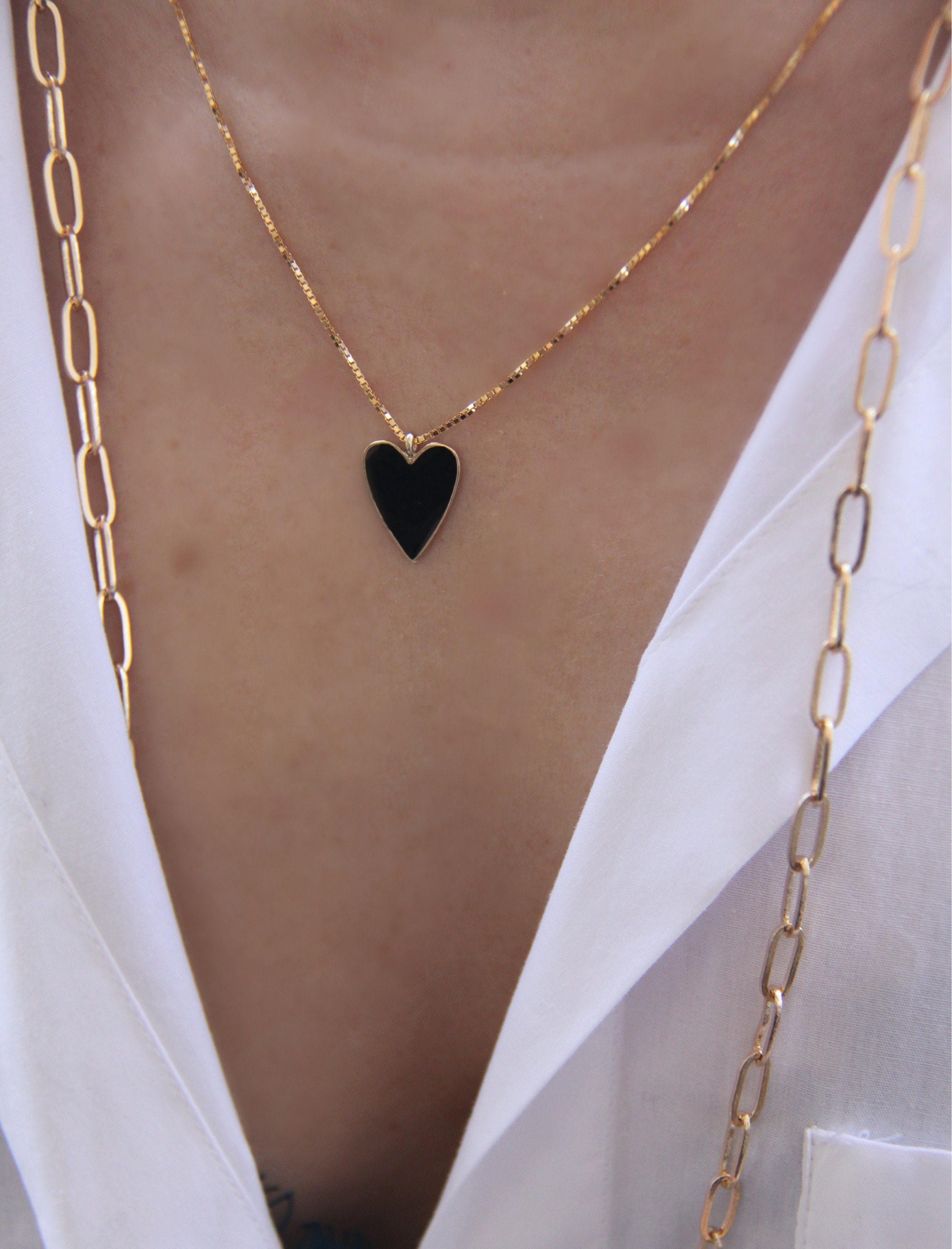 Black Heart Necklace Gold Heart Necklace Love Necklace Gold Etsy