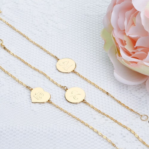 Gold Initial Bracelet Personalized Tiny Charm Disc Bracelet Etsy