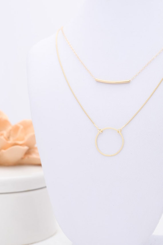 Gold curved bar and Circle necklace Karma layered set of two Etsy