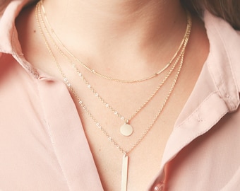 Gold layering necklace set  gold bar simple delicate Layered Necklaces with circle disk gold filled jewelry.