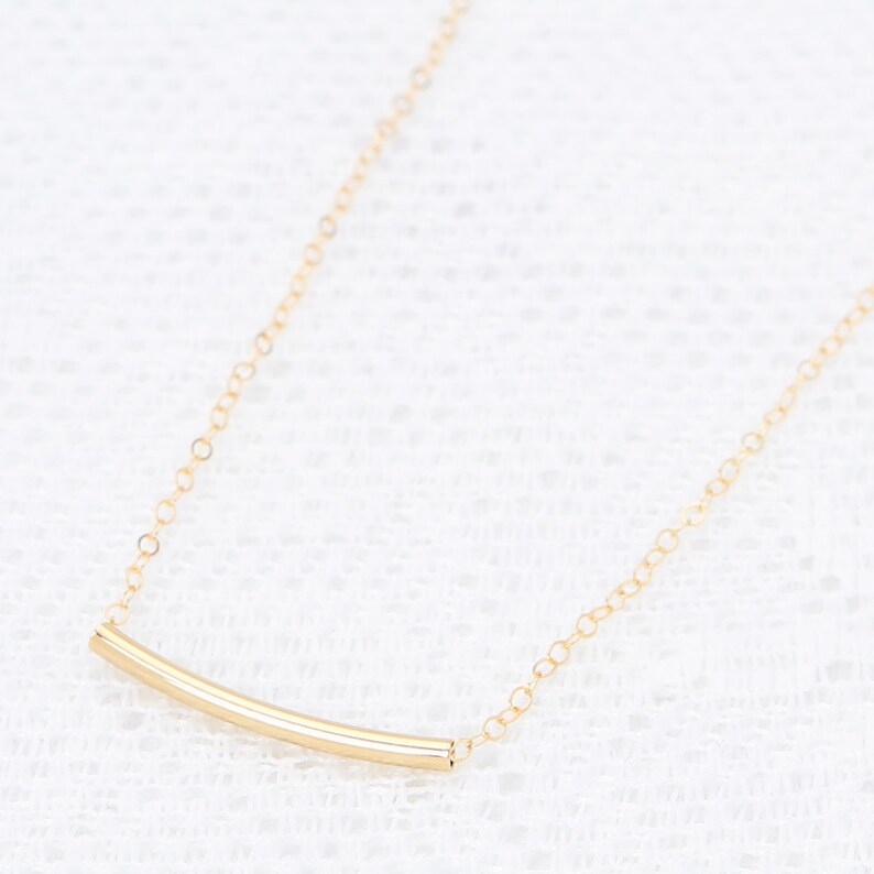 Gold curved bar necklace delicate gold tube necklace dainty layered gold filled jewelry. image 2