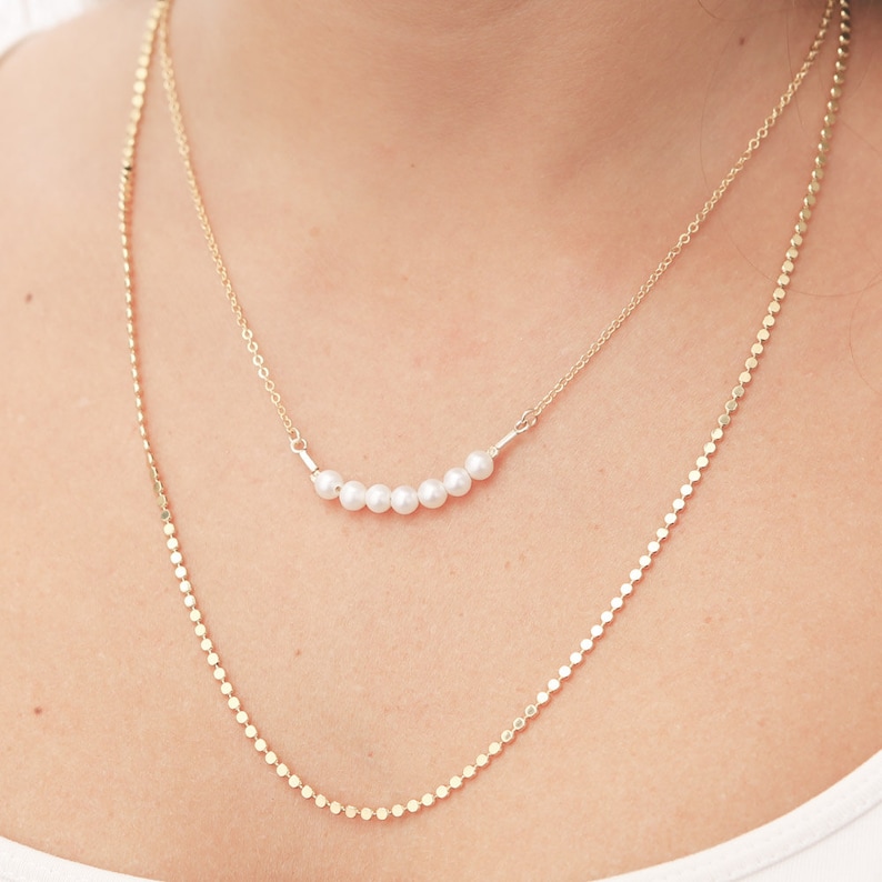 Gold Pearl Necklace Tiny Pearl Bar Necklace Layered Necklace - Etsy