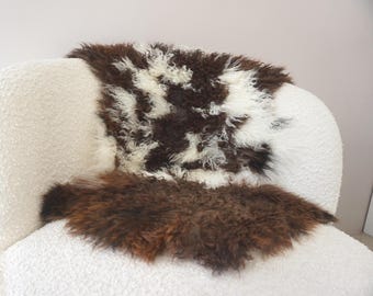 Tappeto in pelle di pecora mongola: coperta in vera lana riccia - 84 x 53 cm, bianco crema, marrone