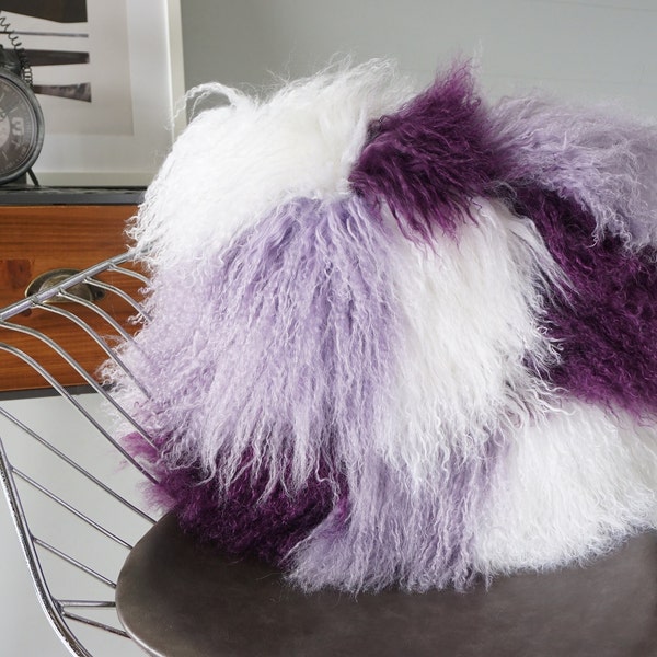 Genuine Tibetan Sheepskin Cushion | Sheepskin Pillow | Real Fur Pillow | Sheepskin Cushion | Real Fur Cushion | Patchwork Cushion | Purple