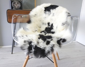 Genuine Black & White Sheepskin Rug: Soft Wool Throw, Home Decor