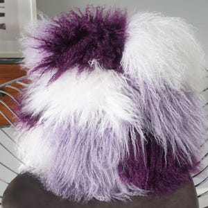 Genuine Mongolian Sheepskin Cushion Pillow | Real Fur Pillow | Patchwork Cushion | Purple l Tri Colour l Long Curly Pile
