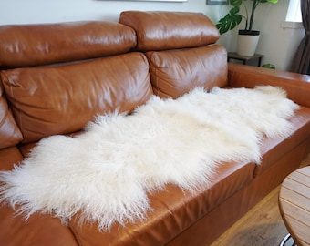 Genuine Snow White Tibetan Mongolian Double Sheepskin Rug l Luxury Long Curly Wool for Sofa Bedroom Living Room l  Home Decor Chair Cover