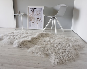 Luxury Genuine Tibetan Quad Sheepskin Rug | Mongolian Sheepskin | Soft Silky Long Curly Wool | Pale Grey | Silver Rug | Elegant Home Decor