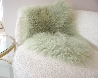 Autentico tappeto in pelle di pecora mongola / Plaid in pelle di agnello riccia, verde salvia, decorazione per la casa