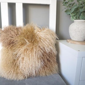 Genuine Luxury Mongolian Sheepskin Cushion Cover | Real Fur Pillow | Soft Fluffy Curly Wool | Unique Gift Handmade Patchwork Sofa Cushion