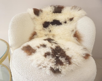 Tappeto in pelle di pecora mongola: coperta in vera lana riccia - 99 x 53 cm, bianco crema, marrone