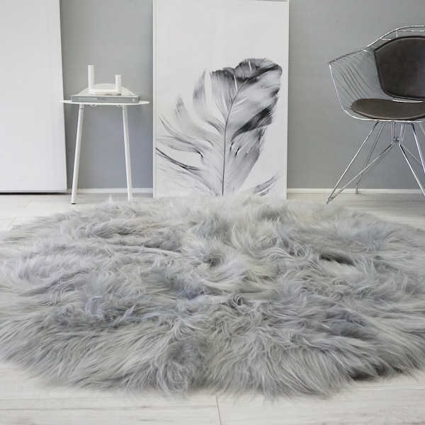 Ethically Sourced Genuine Round Icelandic Sheepskin Rug | Sheepskin Pelt | Sheepskin Hide | Long Wool | Silver | Grey | Ash | Tan Mix