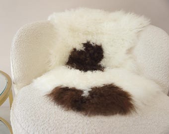 Tappeto in pelle di pecora mongola: coperta in vera lana riccia - 99 x 58 cm, bianco crema, marrone