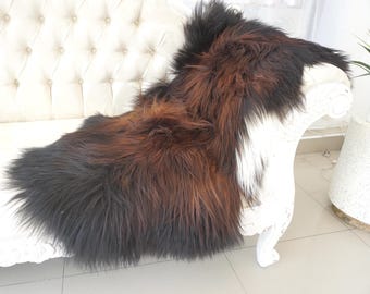 Autentico tappeto singolo in pelle di pecora islandese / Plaid lungo in lana, stile nordico (119 x 74 cm) Marrone ruggine