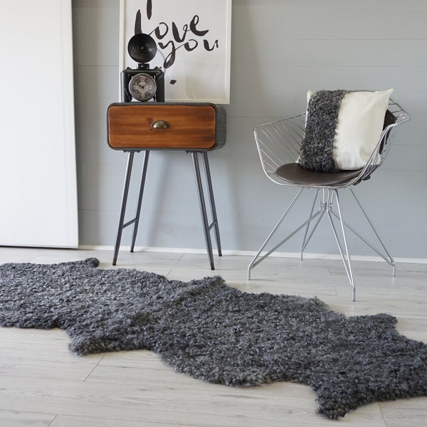 Echt zeldzaam luxe Gotland dubbel schapenvachtdeken met bijpassende kussenset | Schapenvacht plaid | Natuurlijk schapenvachtdeken | Krullend zacht wollen tapijt