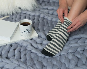 Handmade Alpaca Wool Socks: Striped Winter Slipper Socks