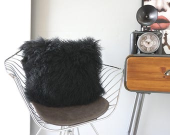Handmade Black Tibetan Sheepskin Cushion: Long Curly Wool Pillow