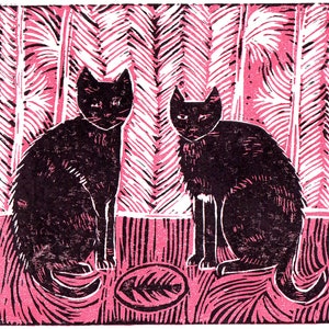 Fish Supper - cat print- hand made print- cat lover- home decor- cat lady- lino print- cat art