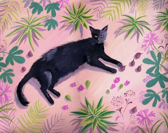 Black cat in the garden- Fine Art Print- cat print- black cat art- cat painting- cat decor- cat lover gift- home decor